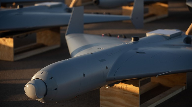 Low-cost Unmanned Combat Attack System (LUCAS) drones arranged on a tarmac