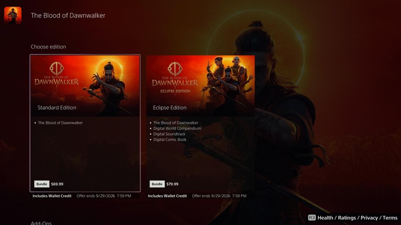 A PS Store screen showing two versions of the game "The Blood of Dawnwalker," yet the thing to note is that Sony mentions an "Incudes Wallet Credits" note under the games