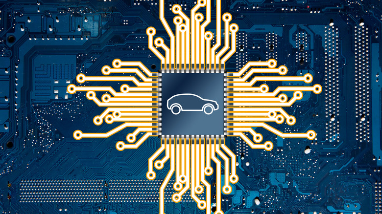 Concept of computer circuit board with car logo on chip