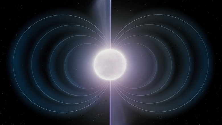 A star shining bright white with magnetic fields around it