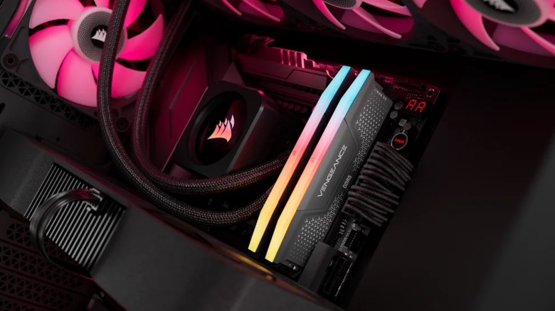 Two Corsair Vengeance RAM sticks slotted into a motherboard