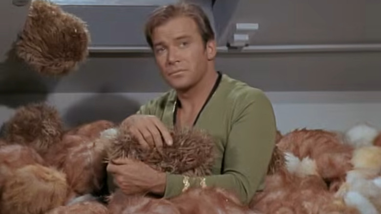 William Shatner as Captain Kirk buried to his chest in tribbles