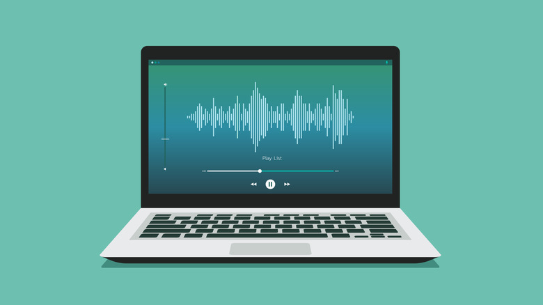 Illustrated image of a laptop playing an audio file.