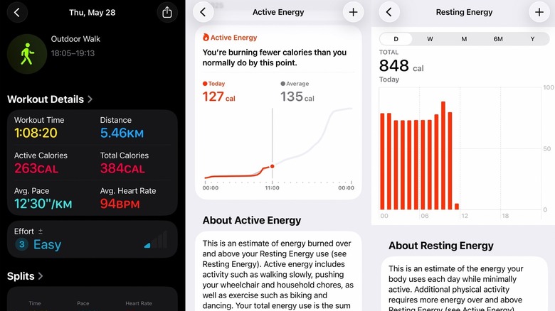 iPhone screenshots showing a workout session (Fitness app), Active Energy readings (Health app), and Resting Energy readings (Health app).