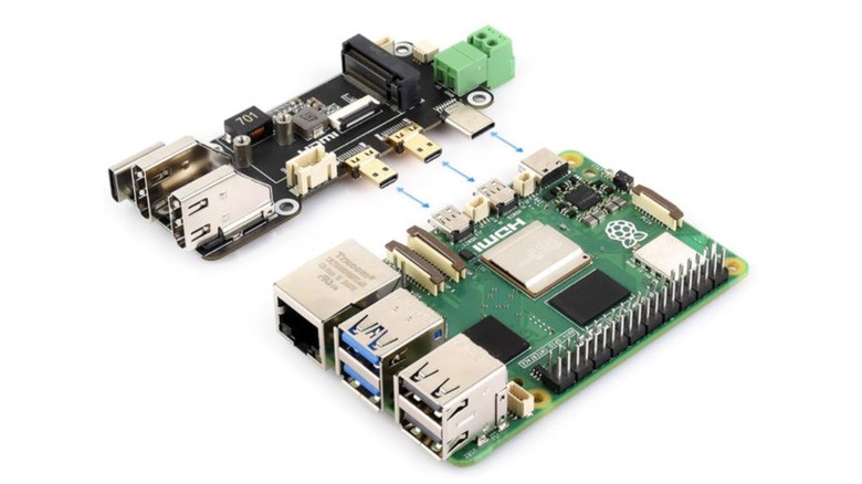 Tuopuone PCIe to M.2 Multifunctional Adapter being connected to a Raspberry Pi 5.