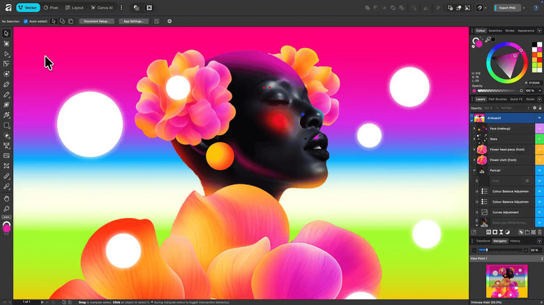 Interface of Affinity, with a woman's head surrounded by flower petals