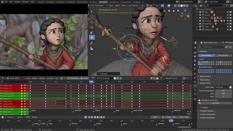 Interface of Blender showing a work-in-progress animation.