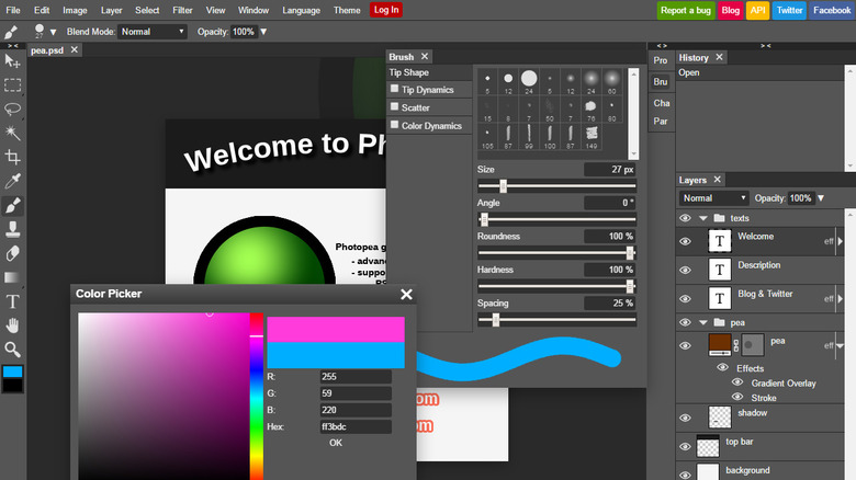The user interface of Photopea, a web-based alternative to Photoshop.