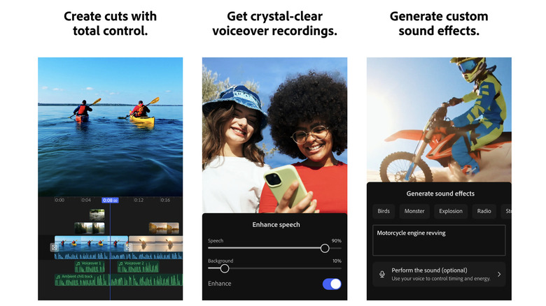 Three vertical images showcasing Adobe's Premiere mobile editing app in usage with text above each image