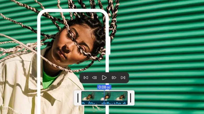 Woman flinging hair inside of phone-shaped frame with video editing hovering over the image