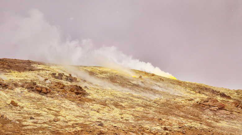 gas and stream releasing from vents on Taftan