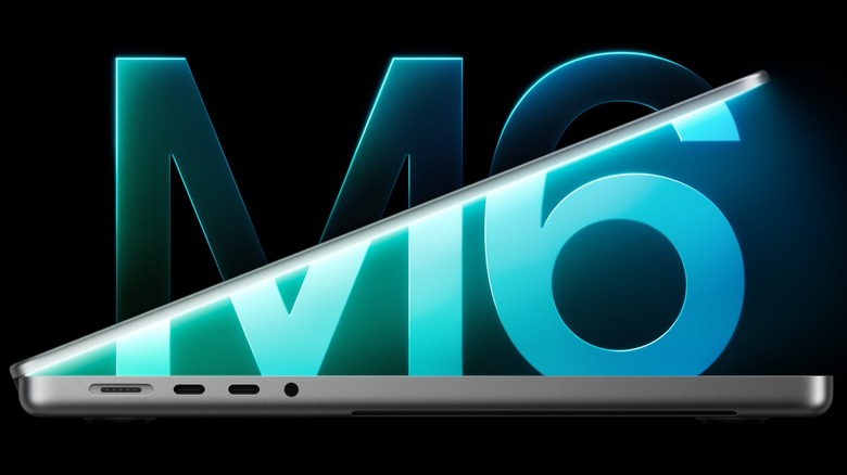 MacBook Pro half open with M6 logo