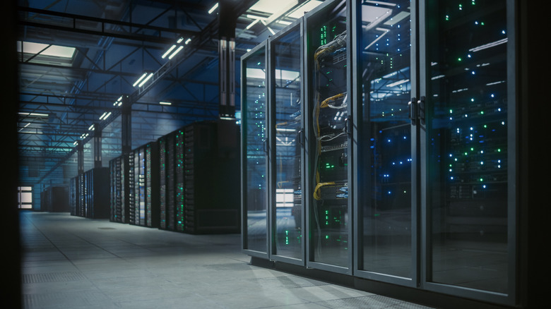 A modern cloud storage data center room.