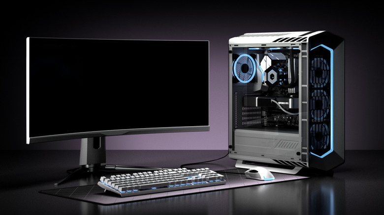 Monitor, keyboard, mouse, and gaming computer with RGB lights