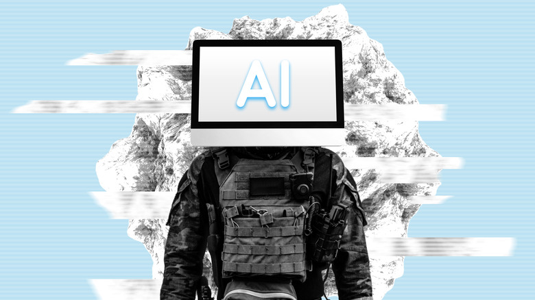 A concept image of a soldier with a screen for a head. The screen reads "AI."