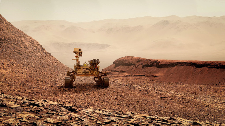 Perseverance rover trekking across Martian landscape