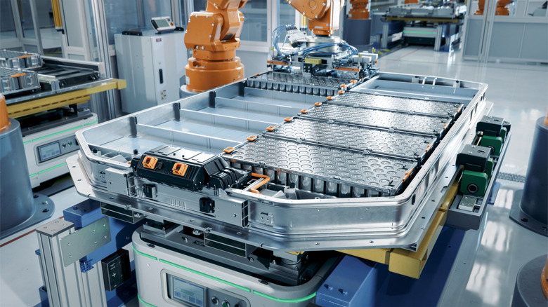 An EV battery pack on a production line