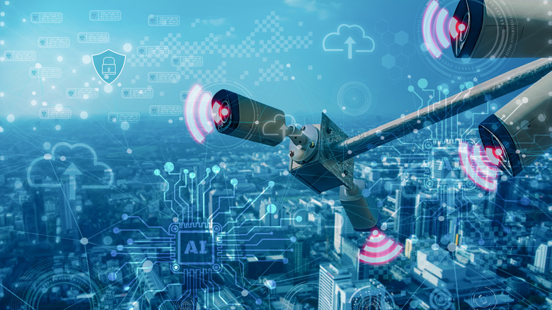 Concept image of AI traffic cameras monitoring city streets