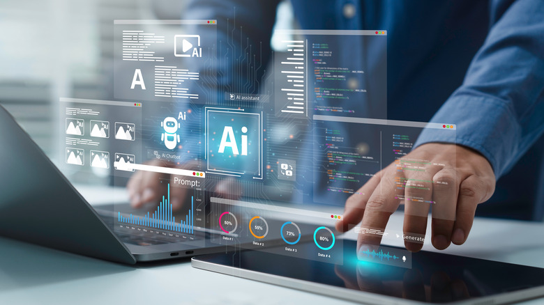 man using computer with AI information hovering over display