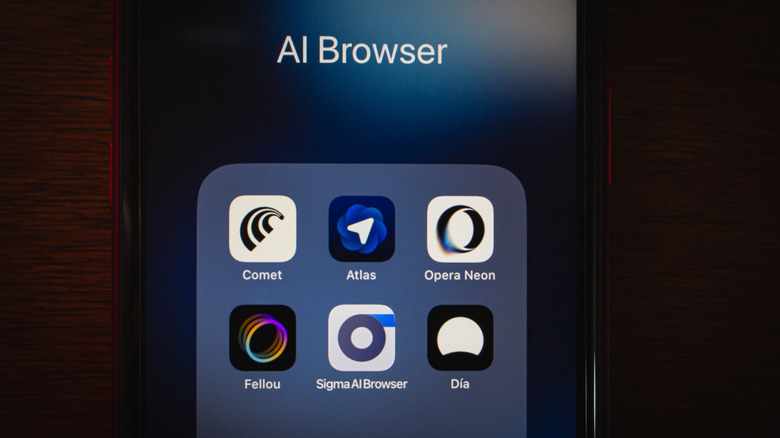 A phone shows the icons of six of the most popular AI browser applications.