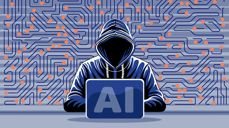 A hooded cyberhacker goes to work on a laptop with the words AI on it, before a blue and orange motherboard background.