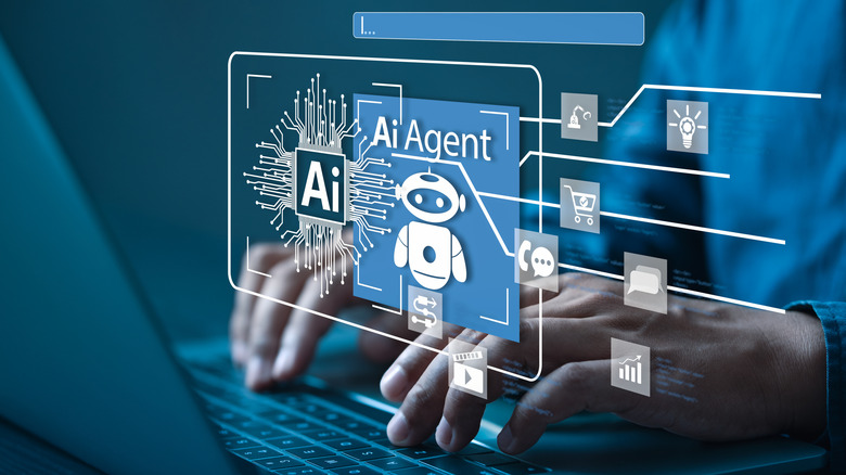 A man typing on a computer brings up an AI agent graphic featuring its AI chip and pictures of its functions.