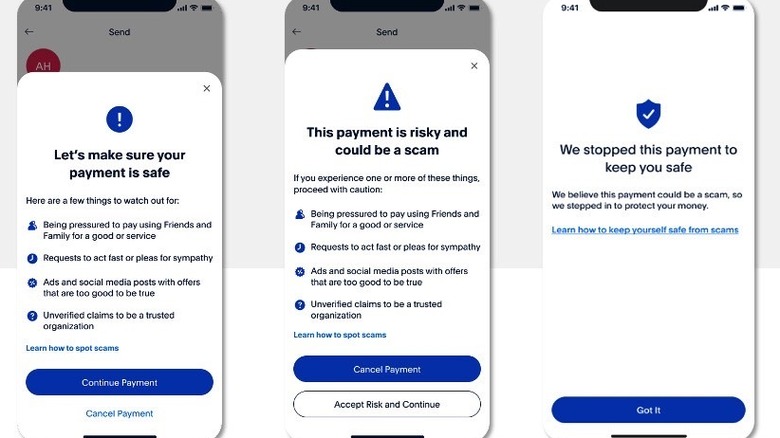 PayPall app screenshots showing the new anti-scam warnings.