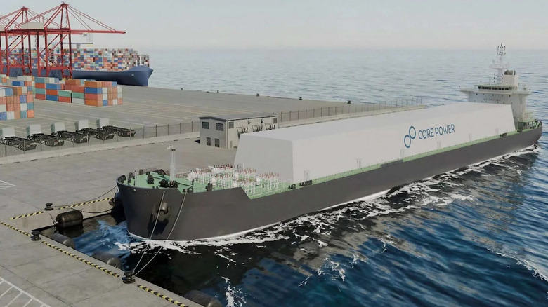 Core Power ship based nuclear reactor moored to a dock while supplying power