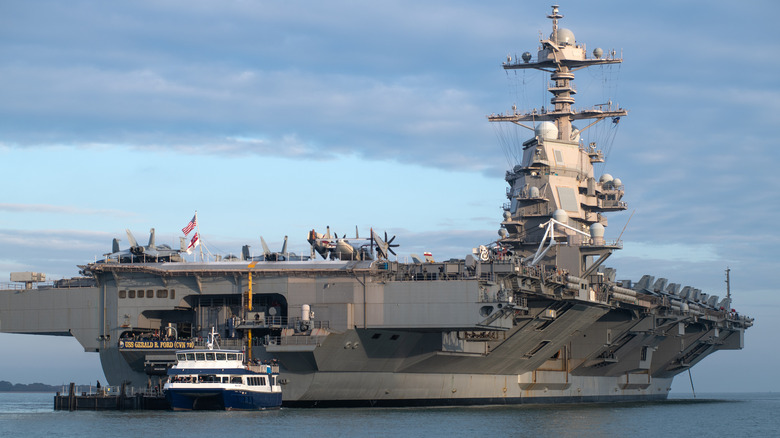 The Gerald R. Ford nuclear powered aircraft carrier seen at anchor