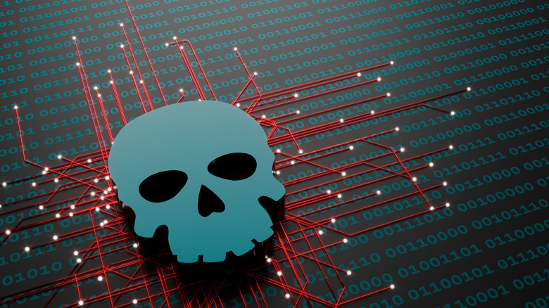 A skull on computer code screen with red data lines protruding outward is pictured.