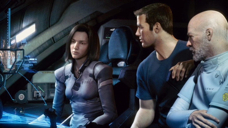 Captain Edwards and Dr Sid looking at Aki Ross in "Final Fantasy: The Spirits Within"