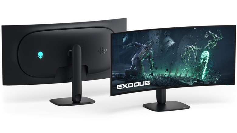 Front and rear overhead view of the Alienware AW39 5K OLED monitor.