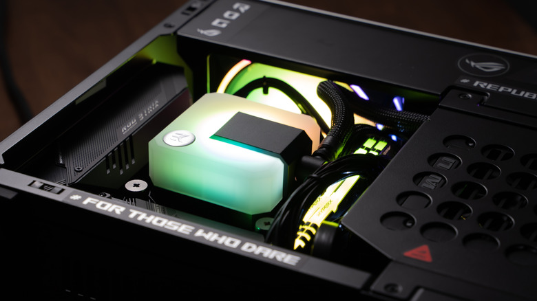 AIO CPU water cooling block in a mini ITX PC build