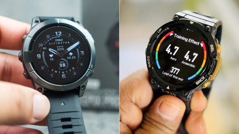 Side-by-side comparison of Garmin and Amazfit smartwatches.