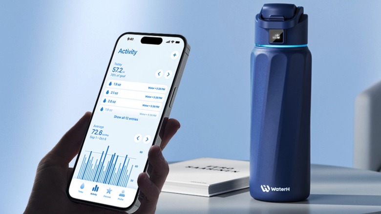 The WaterH Boost Smart Water Bottle (right) and the WaterH app on iPhone (left).