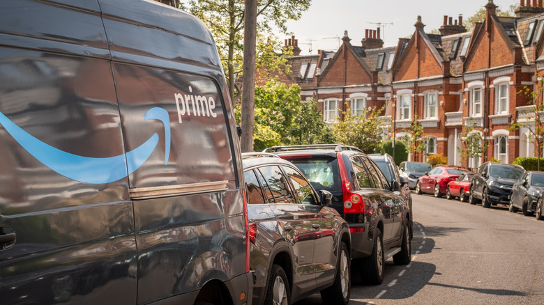 An Amazon delivery truck on the side of the road in the U.K.