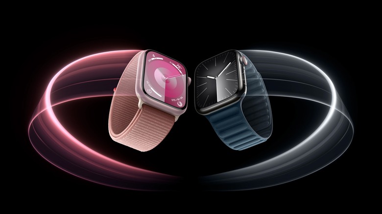 Artistic depiction of a pink and black Apple Watch Series 9 in front of a black background