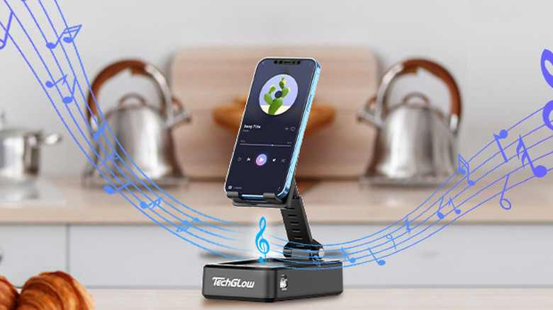 TechGlow cellphone stand playing music in a kitchen