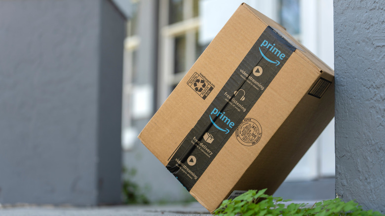 An Amazon Prime package outside a building
