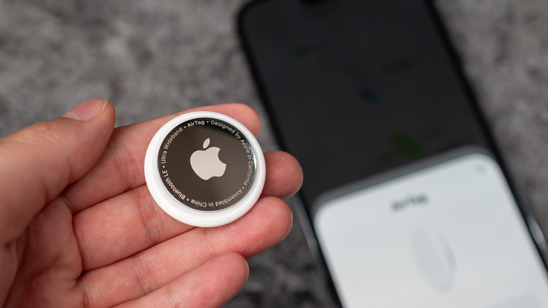 A person holding an Airtag in their hand