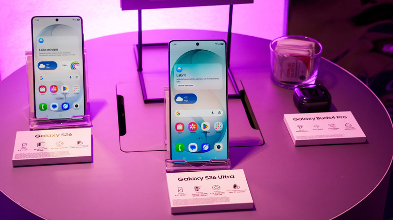 The new Galaxy S26 Series phones and devices on display at Galaxy Unpacked event.