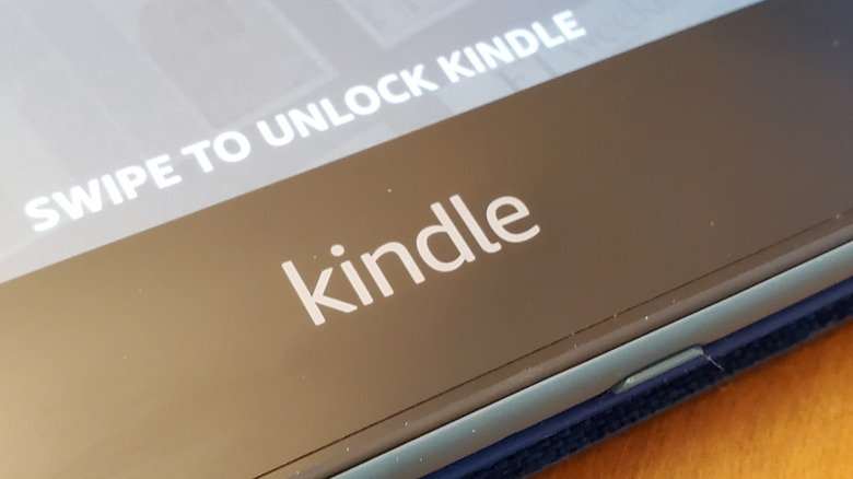 Close-up of the Kindle logo on an e-reader