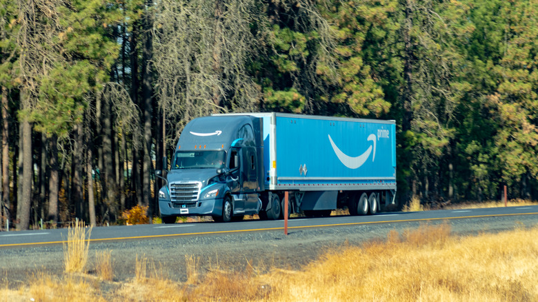 An Amazon Prime semi-truck on a highway