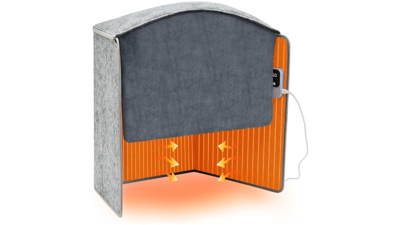 An Amazon promotional image for the Lucky Game Under Desk Heater Leg Warmer, it displays the device and has arrows coming from the inside perimeter to show where the device's heat disperses