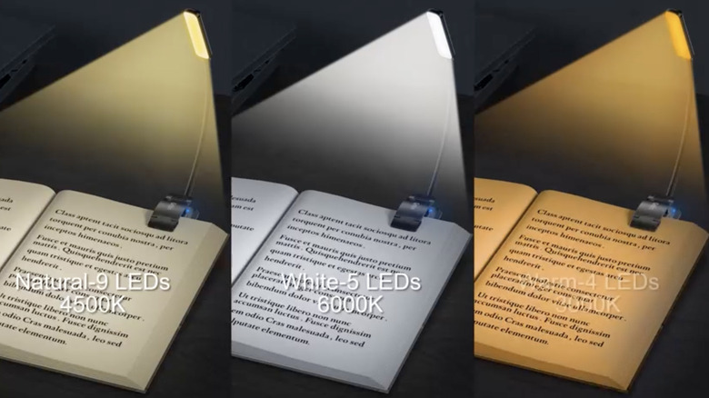 Three images side-by-side of a reading light with different color settings, Natural, White, and Warm