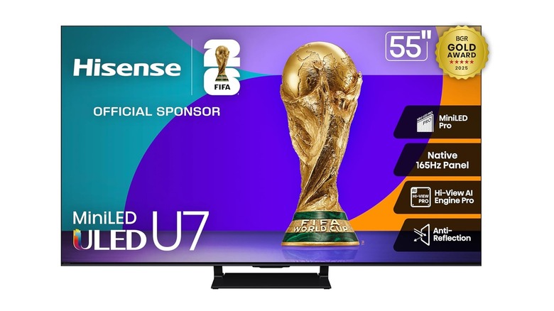 An Amazon promotion image for the Hisense 55-inch 4K mini-LED Smart TV, with the television itself displaying the fact that the company is an official sponsor of FIFA