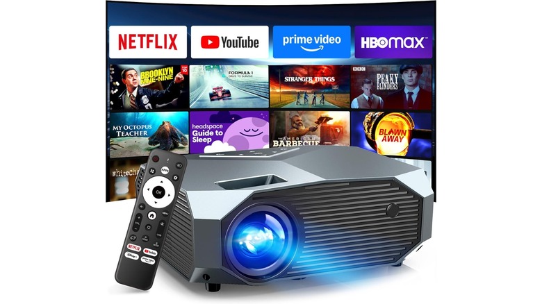 An Amazon promotional photo for the YOWHICK 4K Outdoor Smart Projector including wireless remote