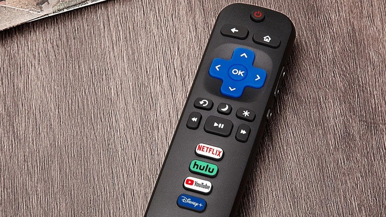 Roku remote close up with quick access buttons.