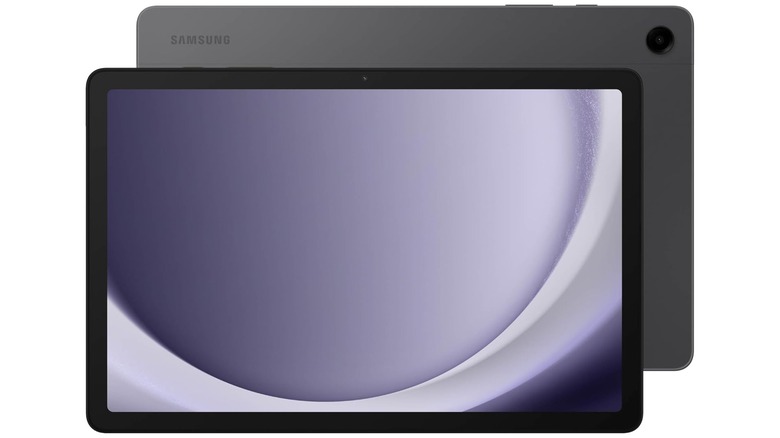 Two Black Samsung Galaxy A9+ tabs, one facing the camera and the one sitting behind it displaying the back of the device