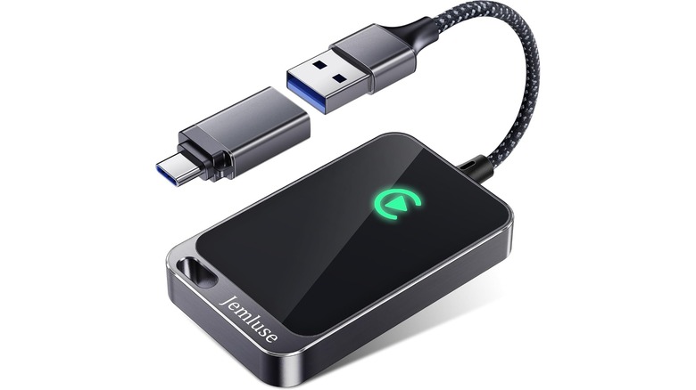 An Amazon promotional photo of the Jemluse Wireless CarPlay Adapter, including its USB-A to USB-C adapter